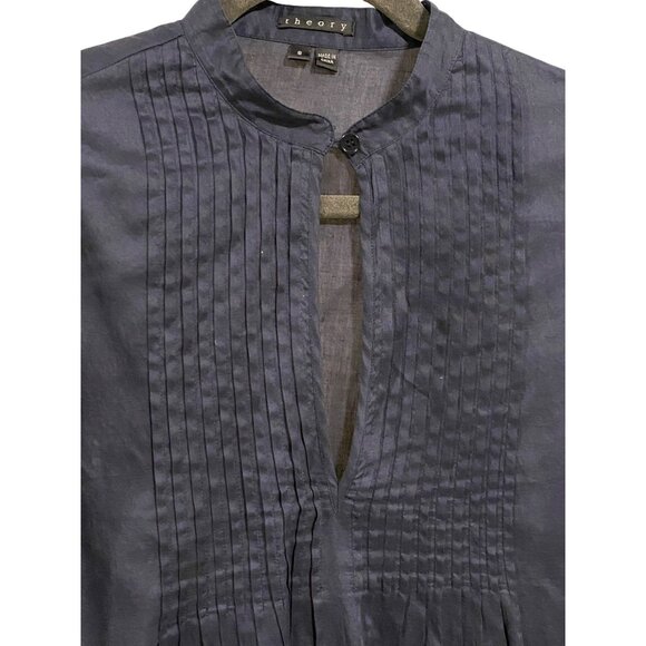 Theory Lexus Cinz Navy Blue Women's Semi Sheer Pintuck Keyhole Blouse Size S - Picture 3 of 7